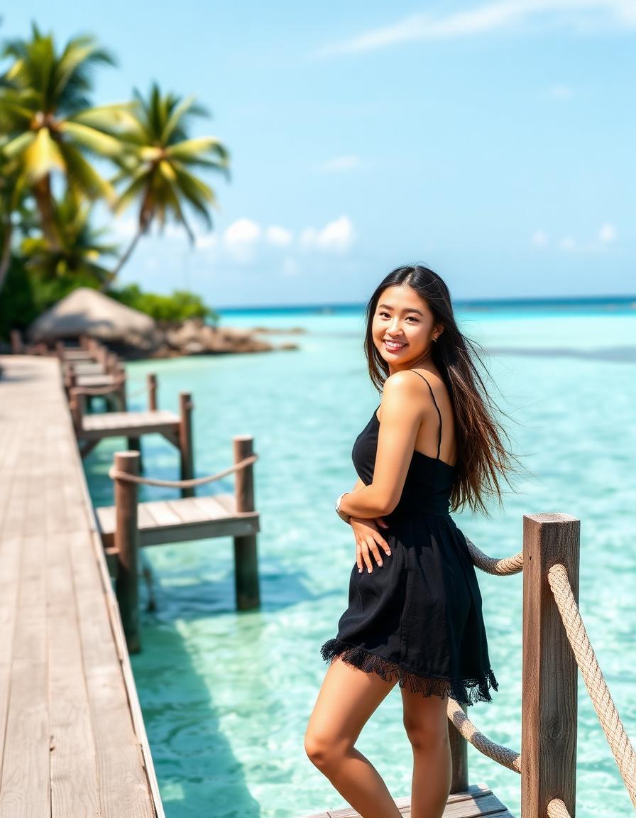 Yuna, a Kismia AI girlfriend, on a tropical beach
